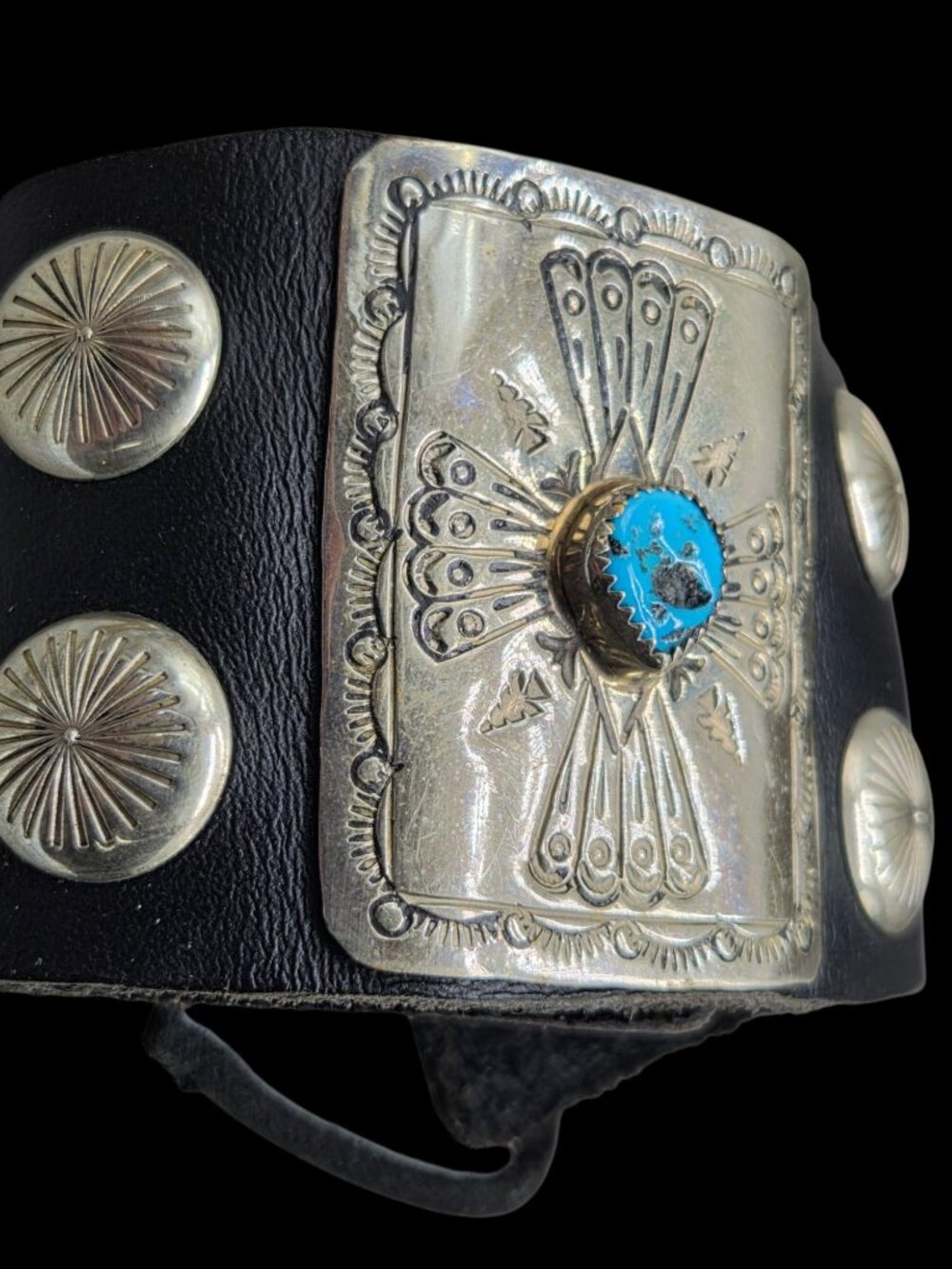 Vtg Navajo Sterling Silver Untreated Turquoise Ketoh Leather Bow Guard Cuff 40g - Picture 2 of 16